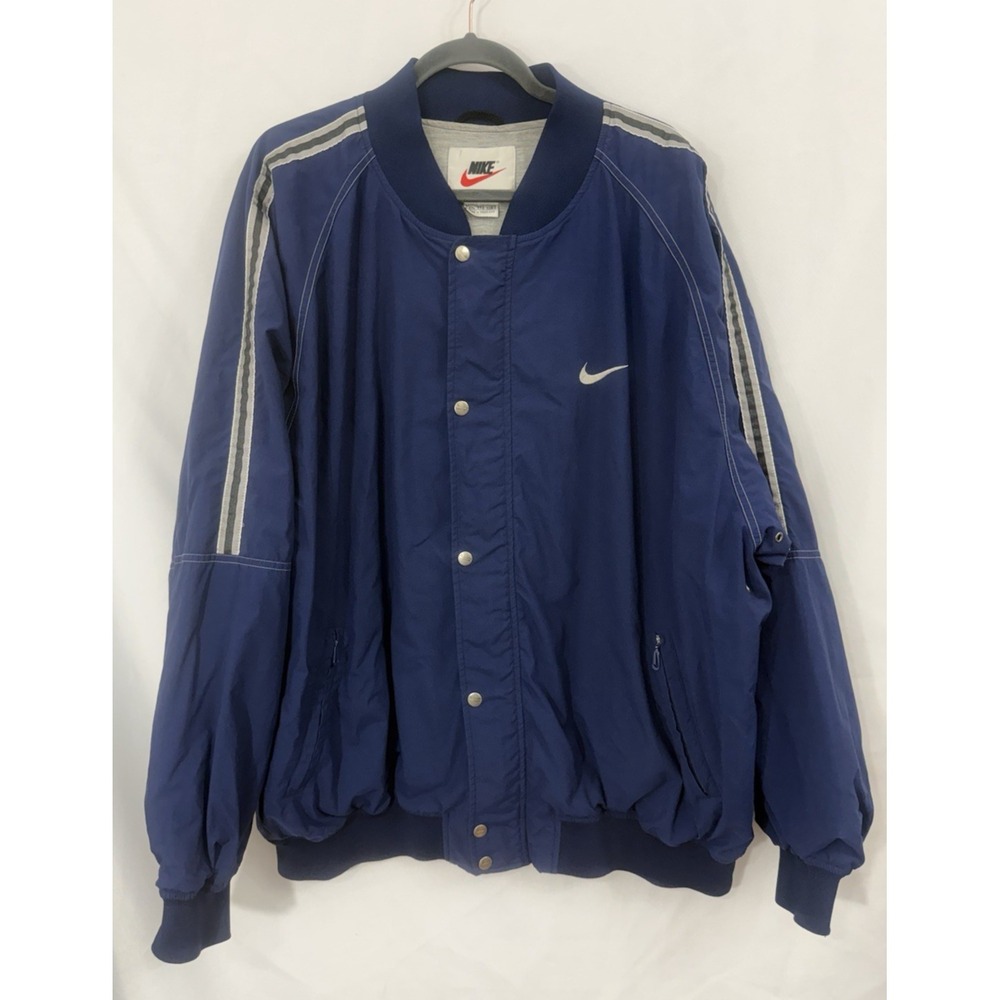 VTG Nike Blue Windbreaker Bomber Jacket Nylon Lined Full Zip LOGO Mens XXL *FLAW